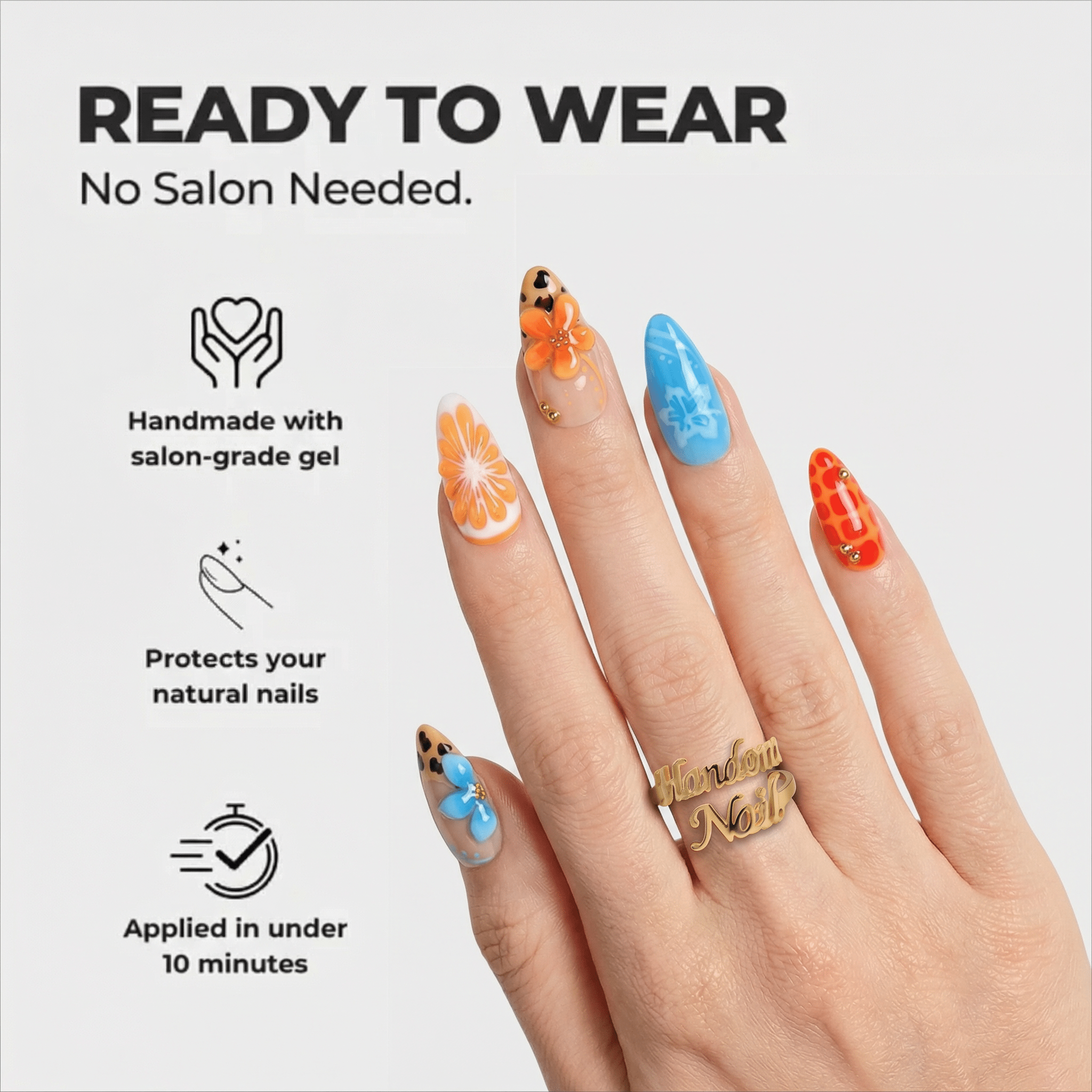 Sunset Safari almond press-on nails – design close-up by Handora