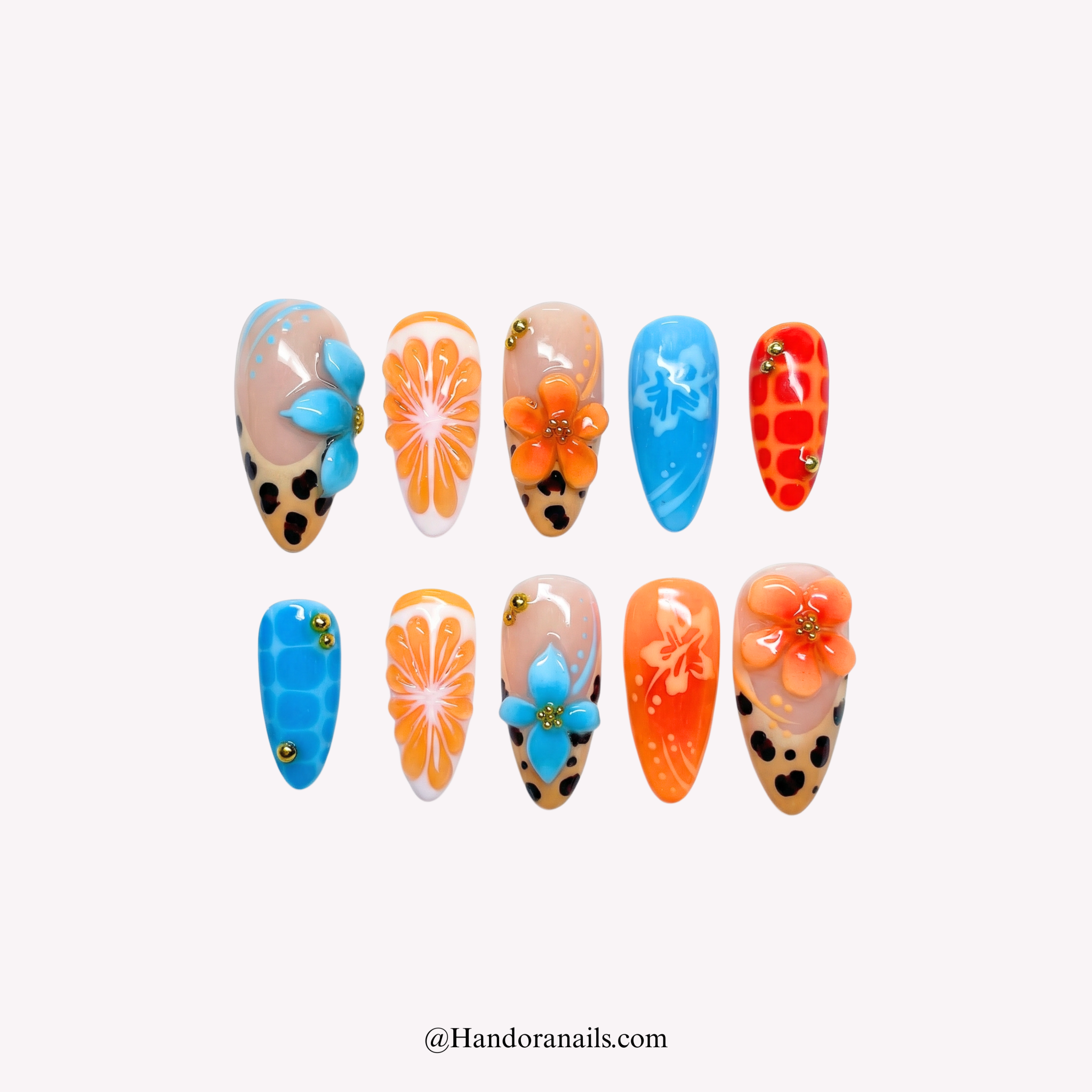Sunset Safari almond floral press-on nails by Handora