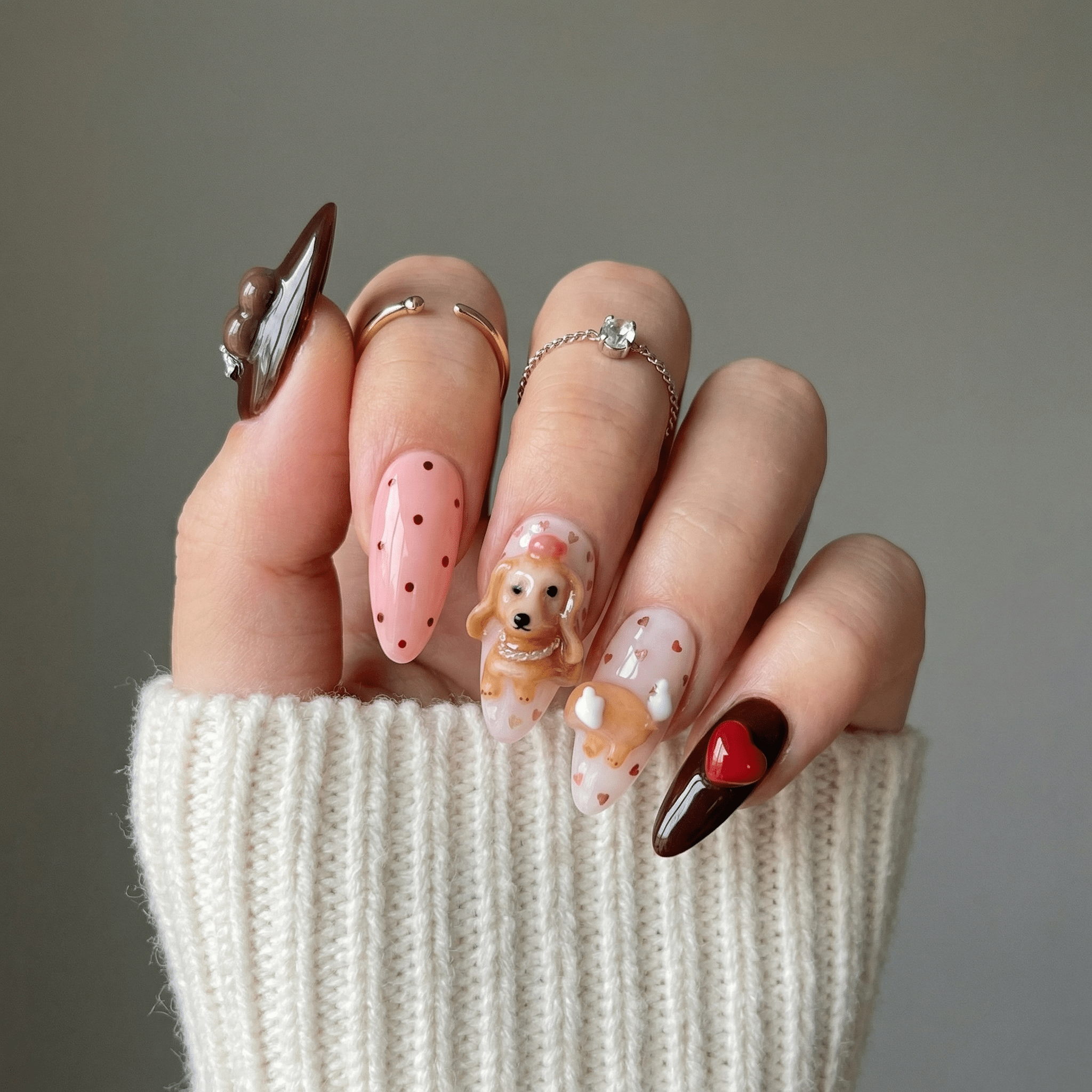 Sweet Dachshund press-on nails – hand-painted reusable gel set by Handora