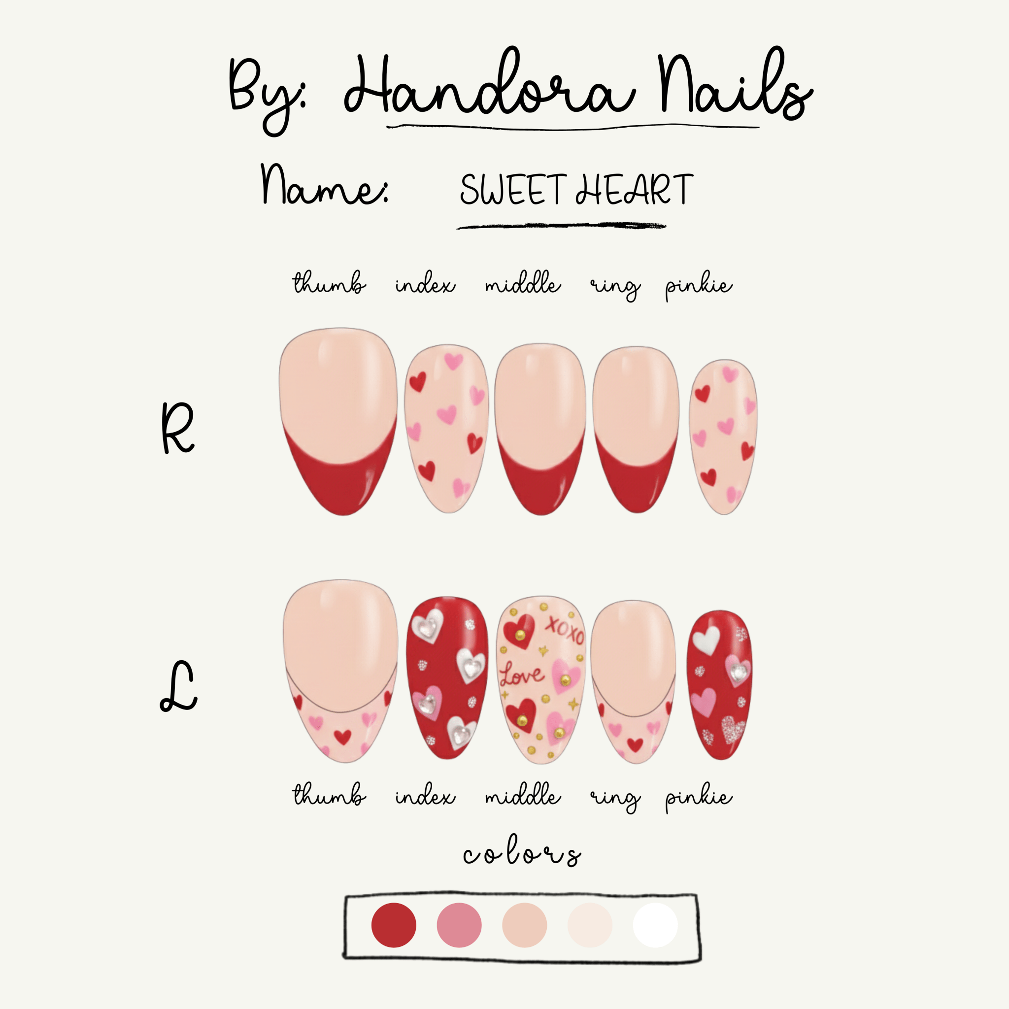 Sweet Heart press-on nails – design close-up by Handora