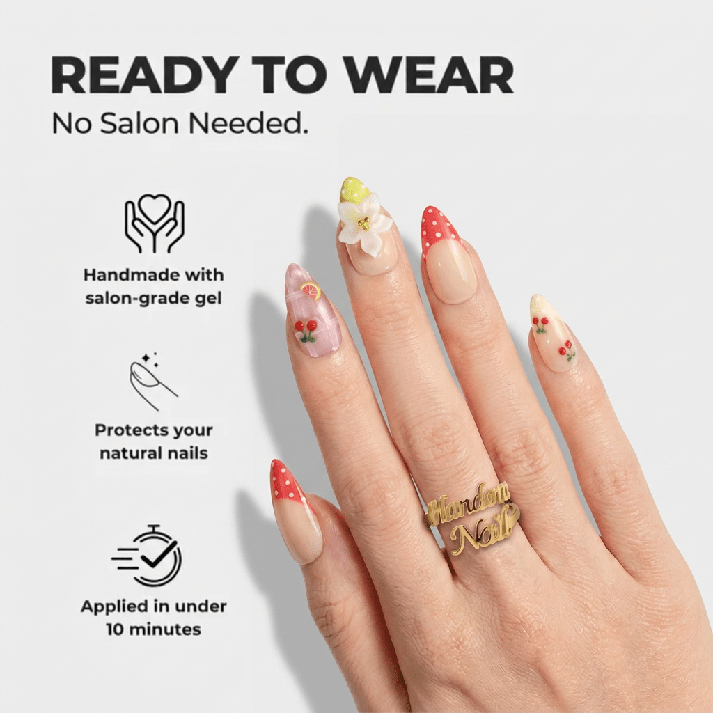 Sweet Orchard press-on nails – design close-up by Handora