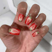Sweet Strawberry press-on nails – design close-up by Handora