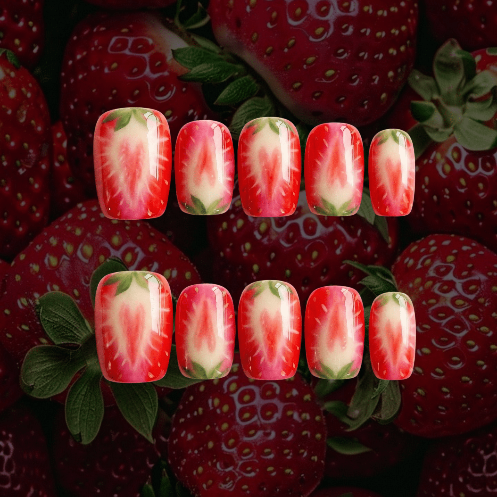 Sweet Strawberry press-on nails – hand-painted reusable gel set by Handora