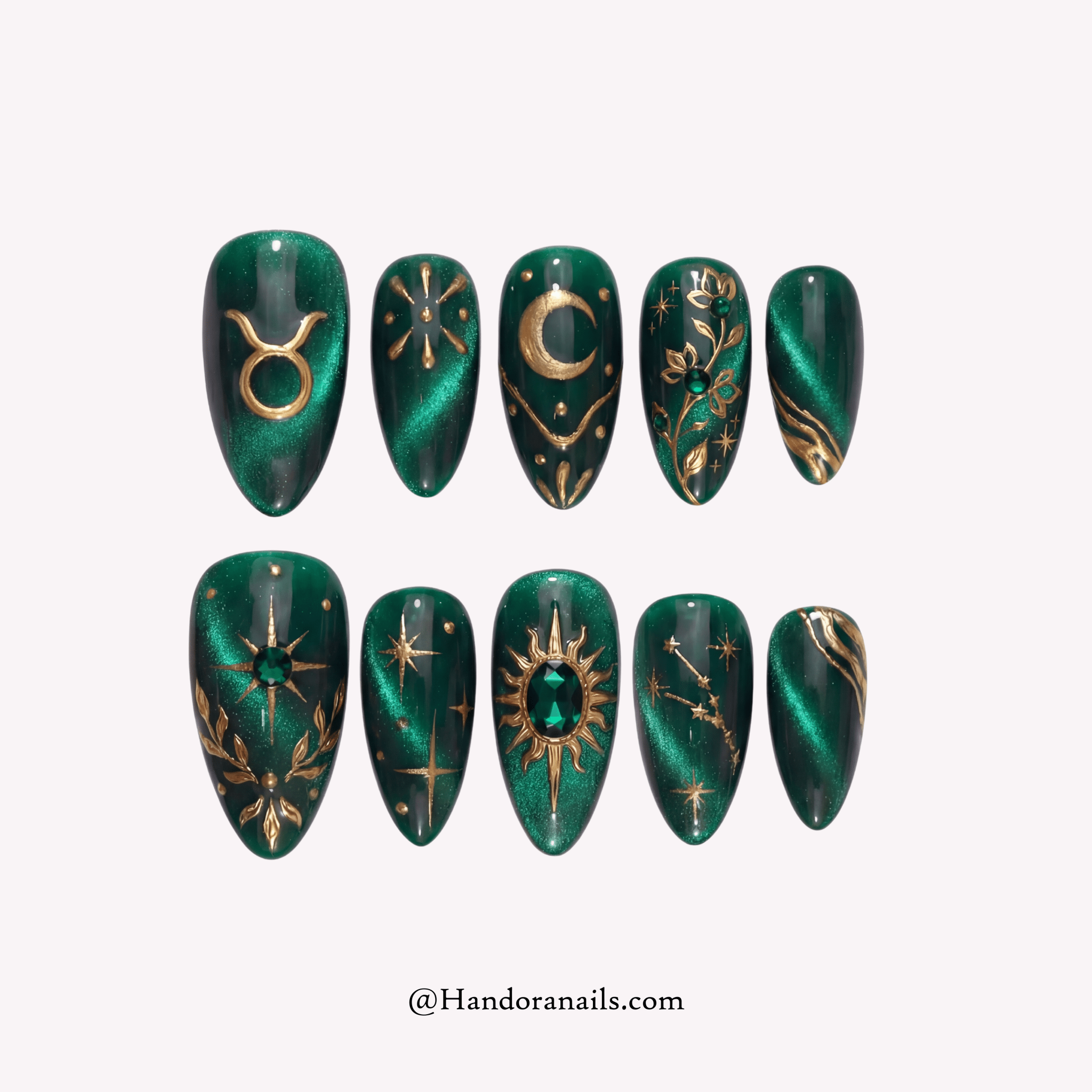 Taurus Bloom press-on nails – design close-up by Handora