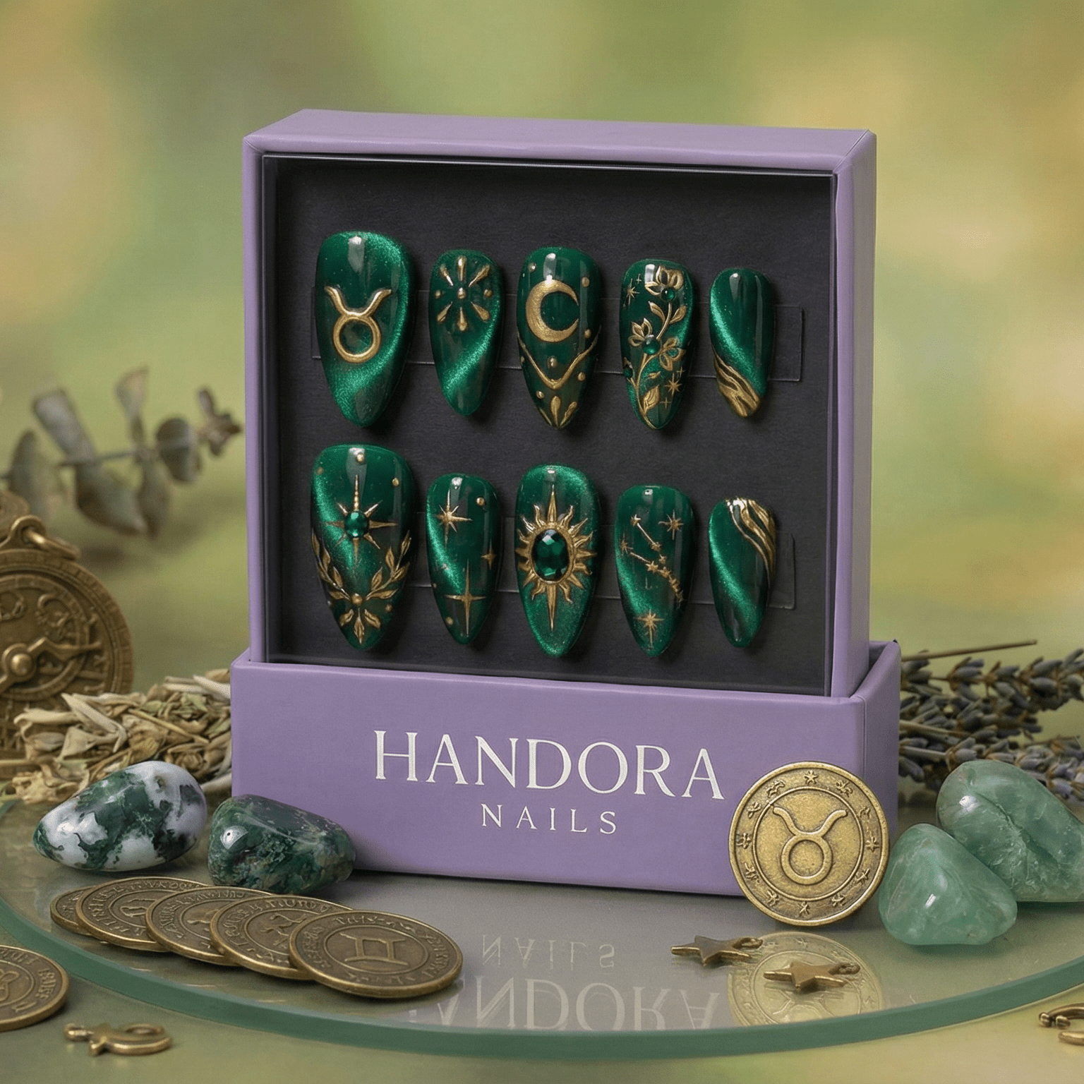 Taurus Bloom press-on nails – hand-painted reusable gel set by Handora