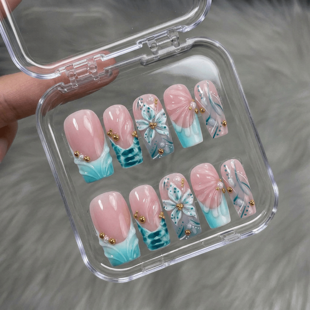 Teal Bloom full press-on nail set – sizes XS–L by Handora