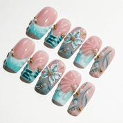 Teal Bloom press-on nails by Handora