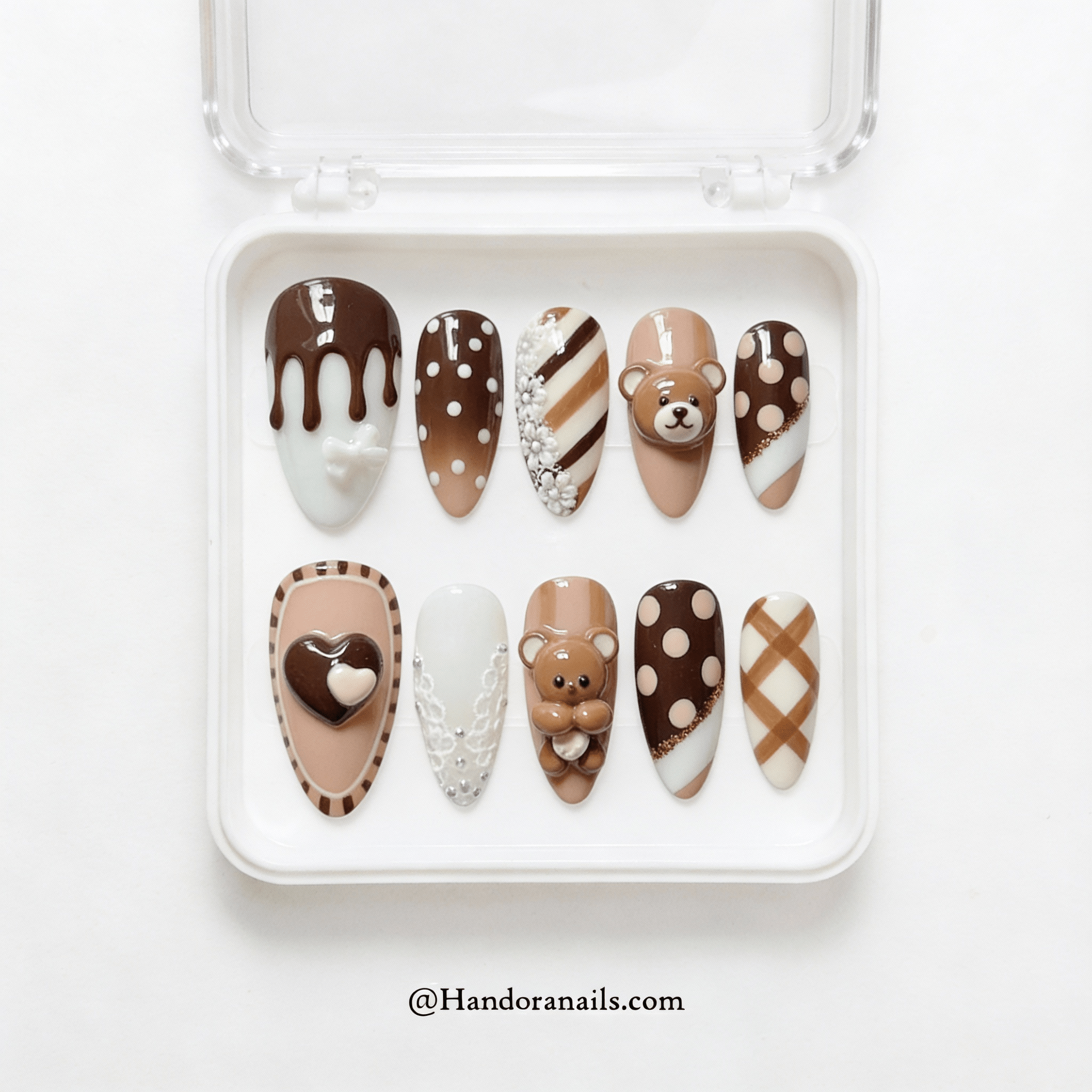 Teddy Confection press-on nails – design close-up by Handora