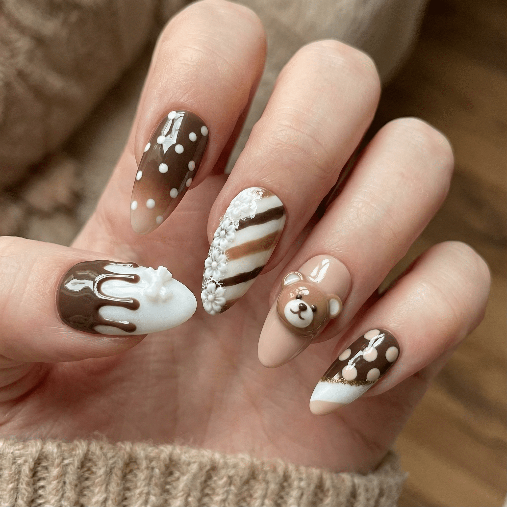 Teddy Confection press-on nails – hand-painted reusable gel set by Handora