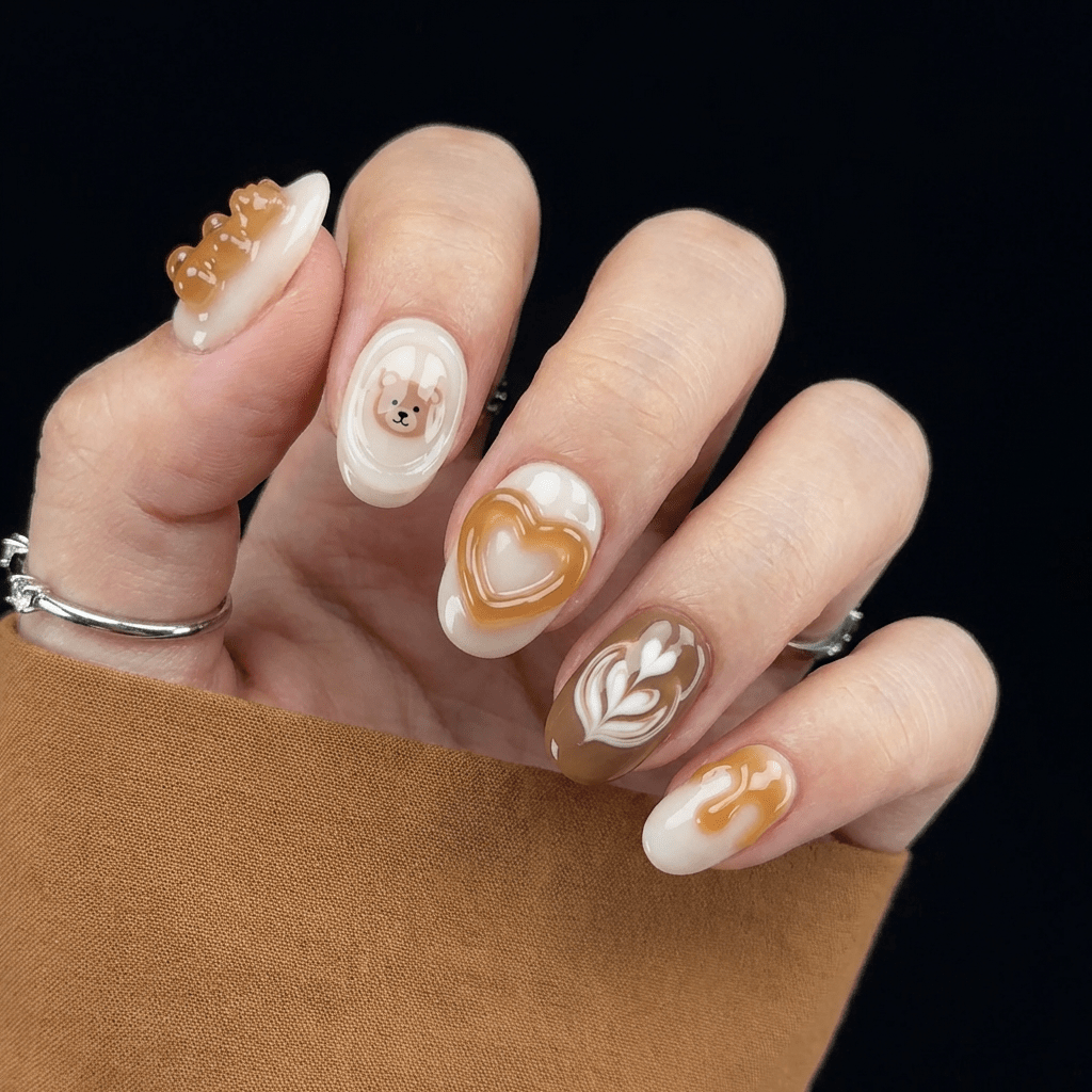 Teddy Latte press-on nails – hand-painted reusable gel set by Handora