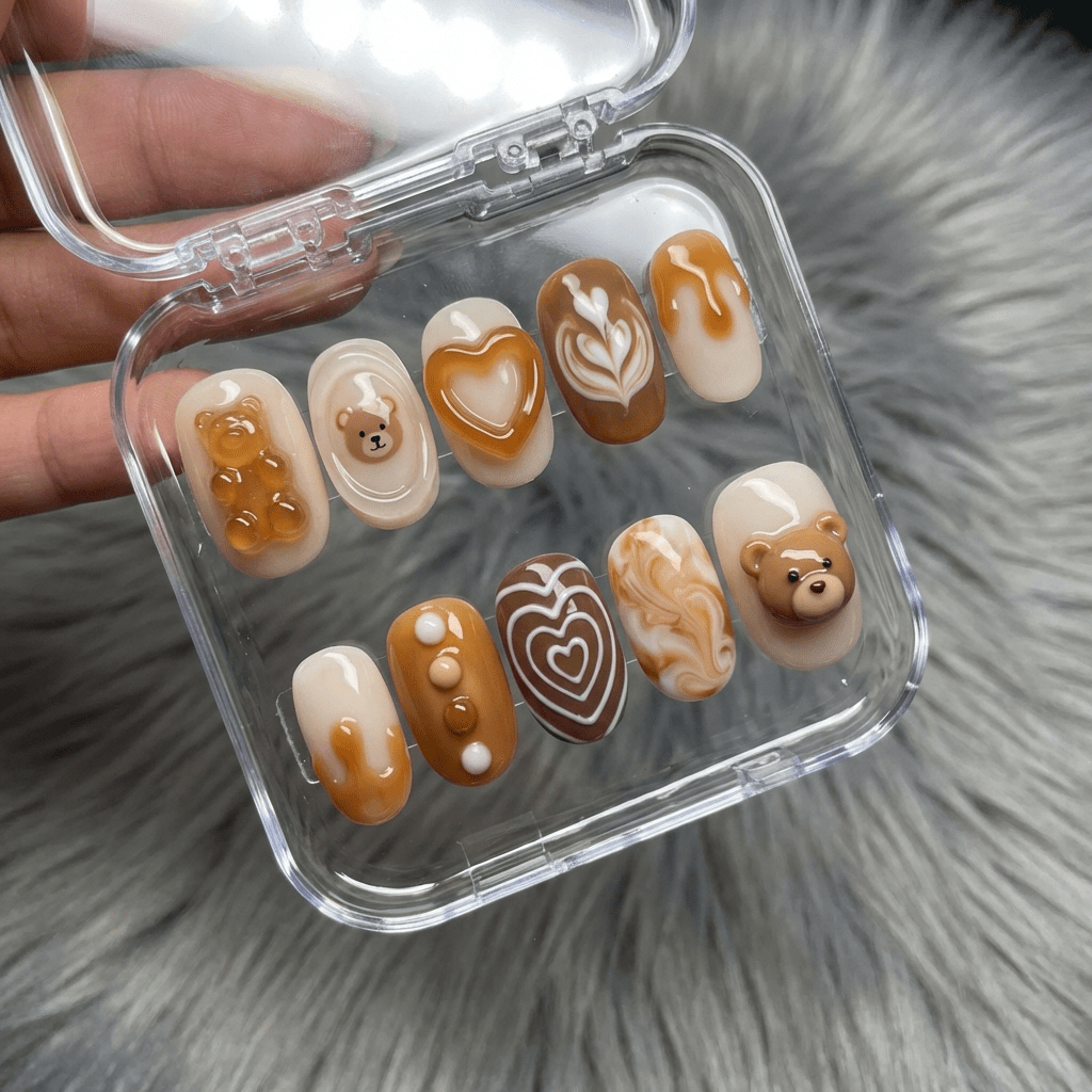 Teddy Latte press-on nails worn on hand – round shape by Handora