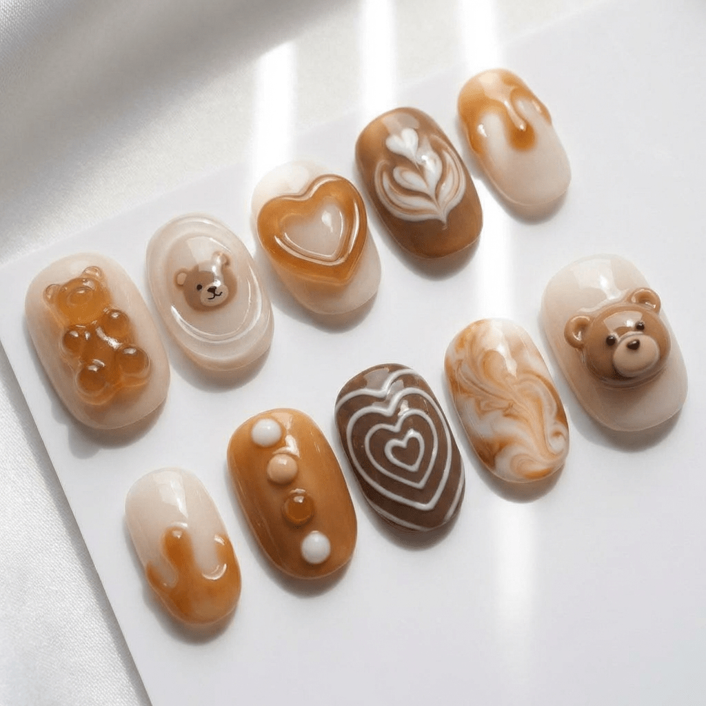 Teddy Latte 3d nail design – handmade press-on nails by Handora