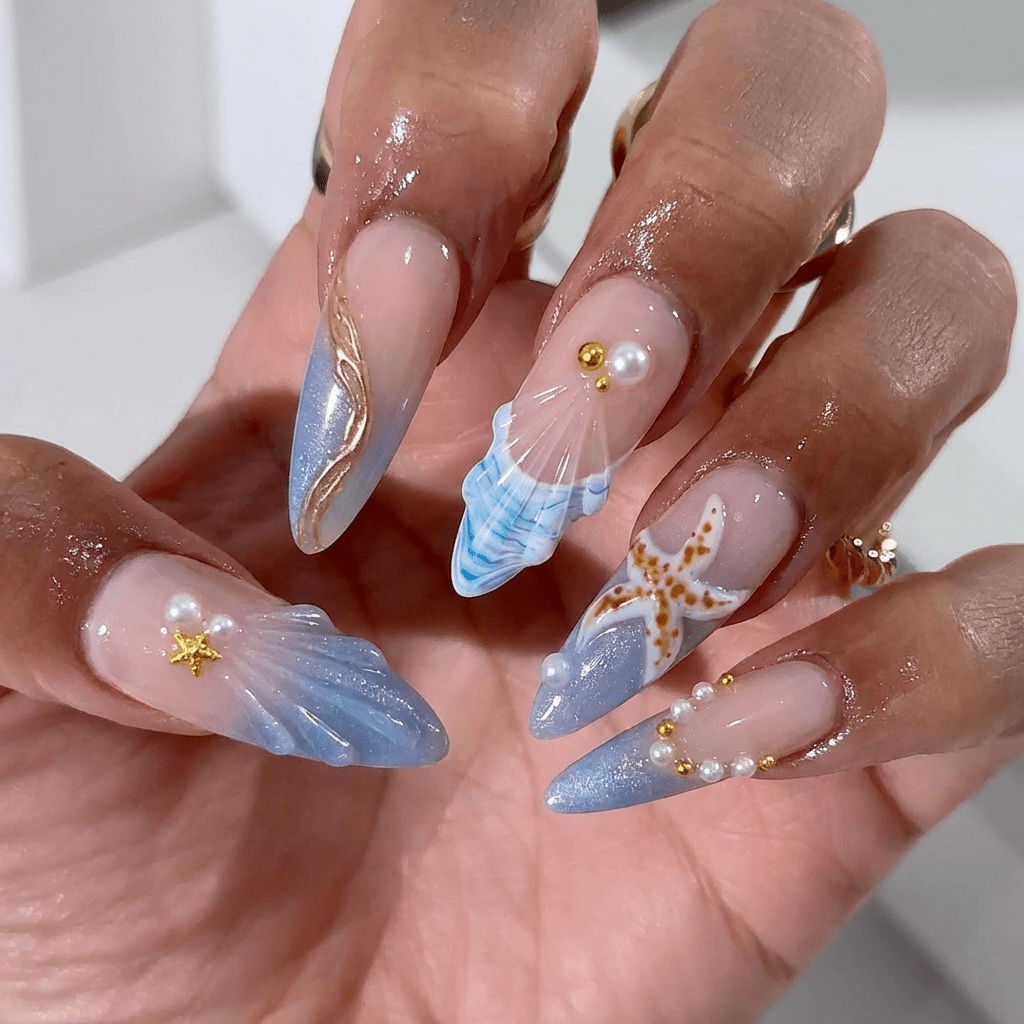 Thalassic Echo press-on nails – hand-painted reusable gel set by Handora