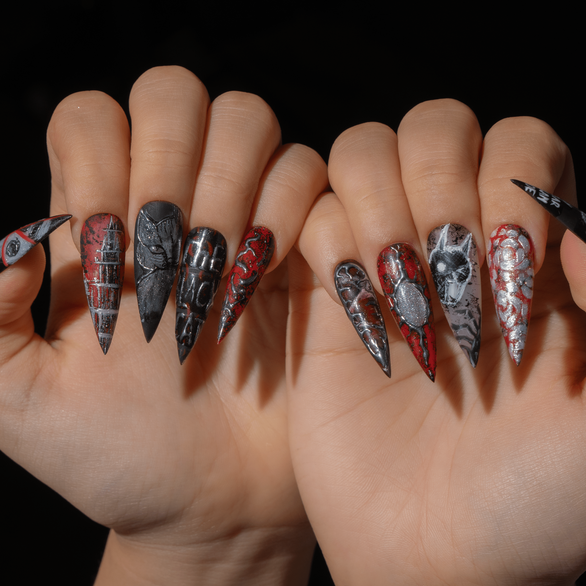 The Black Cat gothic nail design – handmade press-on nails by Handora