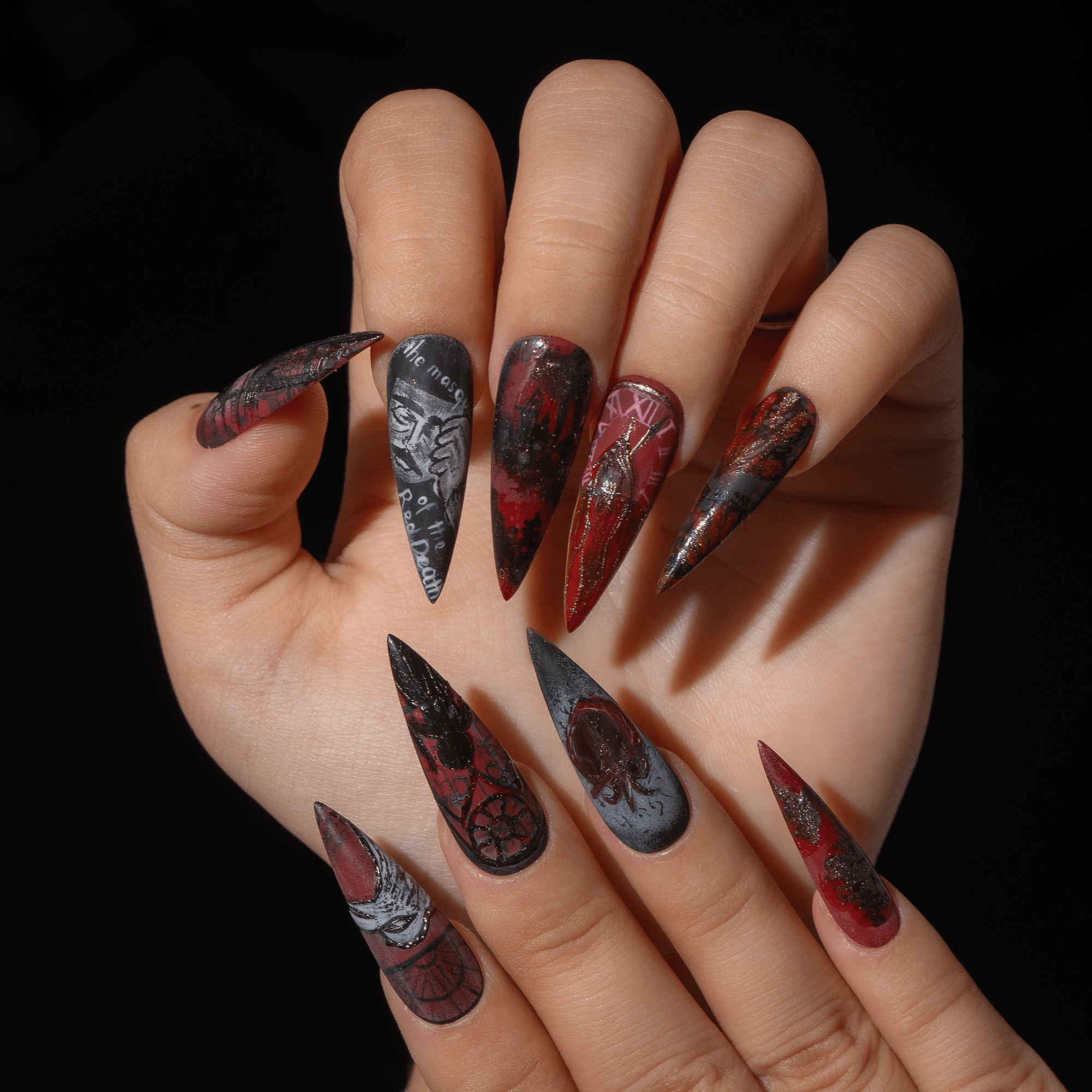 The Masque of the Red Death gothic nail design – handmade press-on nails by Handora