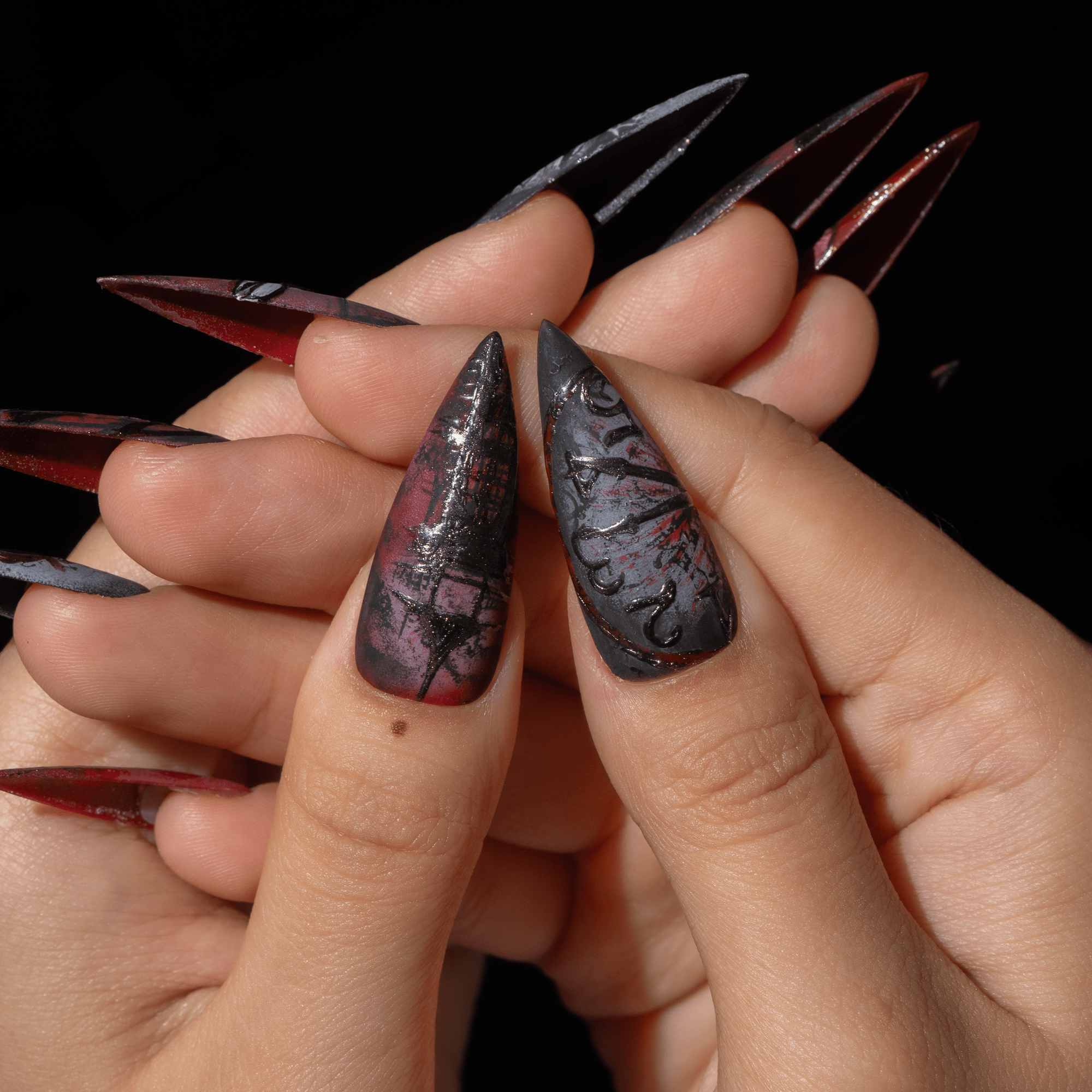 The Masque of the Red Death press-on nails – hand-painted reusable gel set by Handora