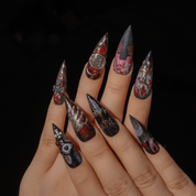 The Murders in the Rue Morgue press-on nails worn on hand – almond shape by Handora