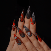The Tell Tale Heart press-on nails worn on hand – almond shape by Handora
