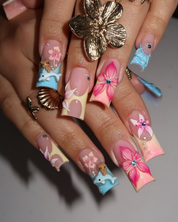 Ocean Hibiscus press-on nails – hand-painted reusable gel set by Handora