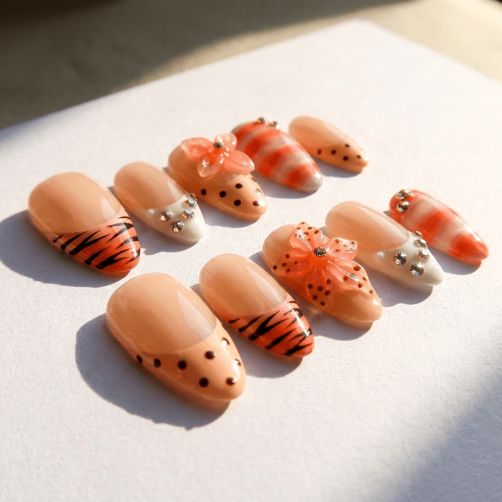 Tiger Blossom press-on nails worn on hand – almond shape by Handora
