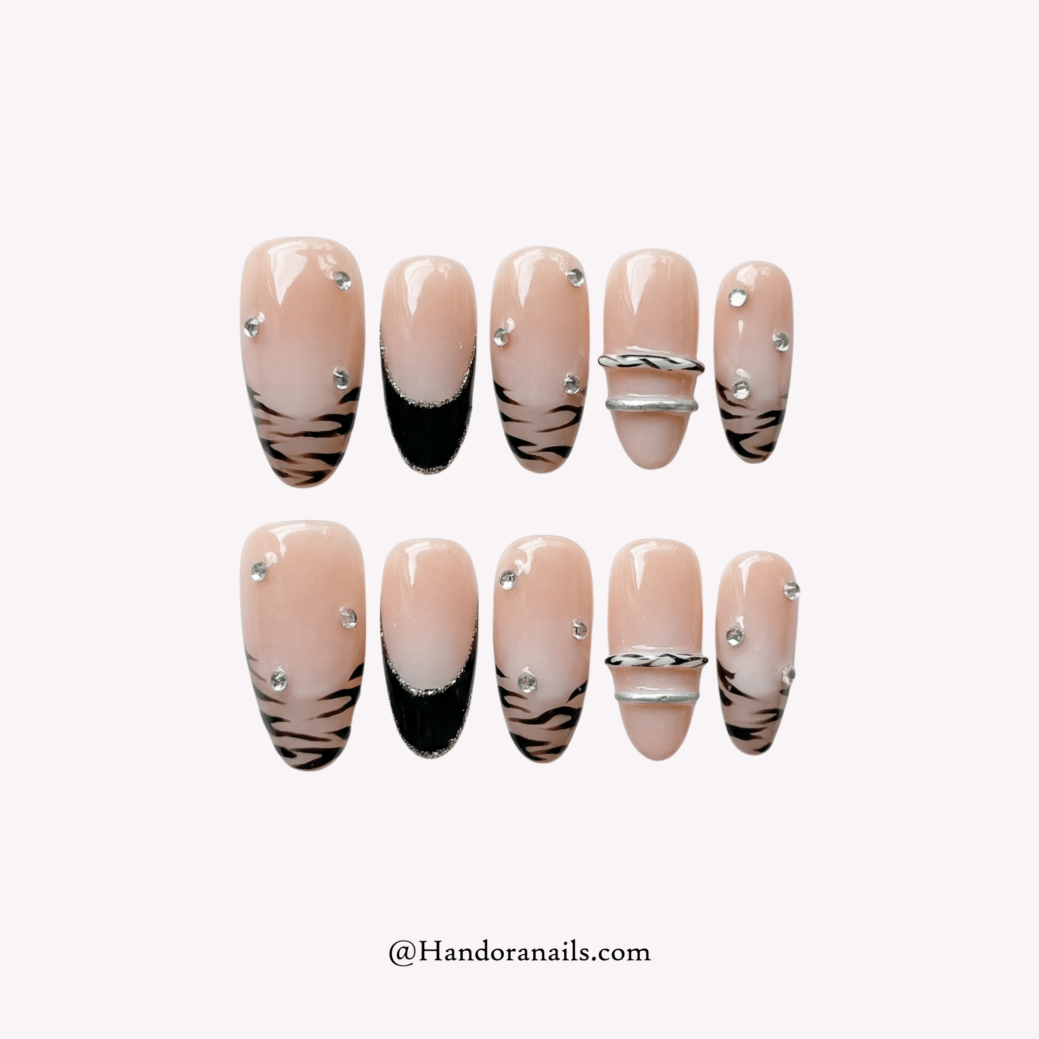 Tiger Chrome almond 3d press-on nails by Handora