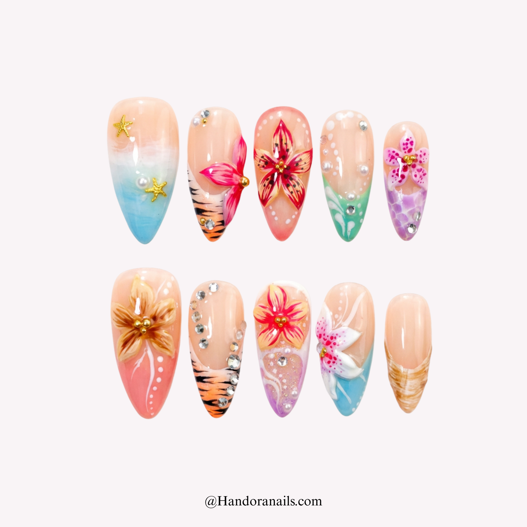 Tropical Bloom almond floral press-on nails by Handora