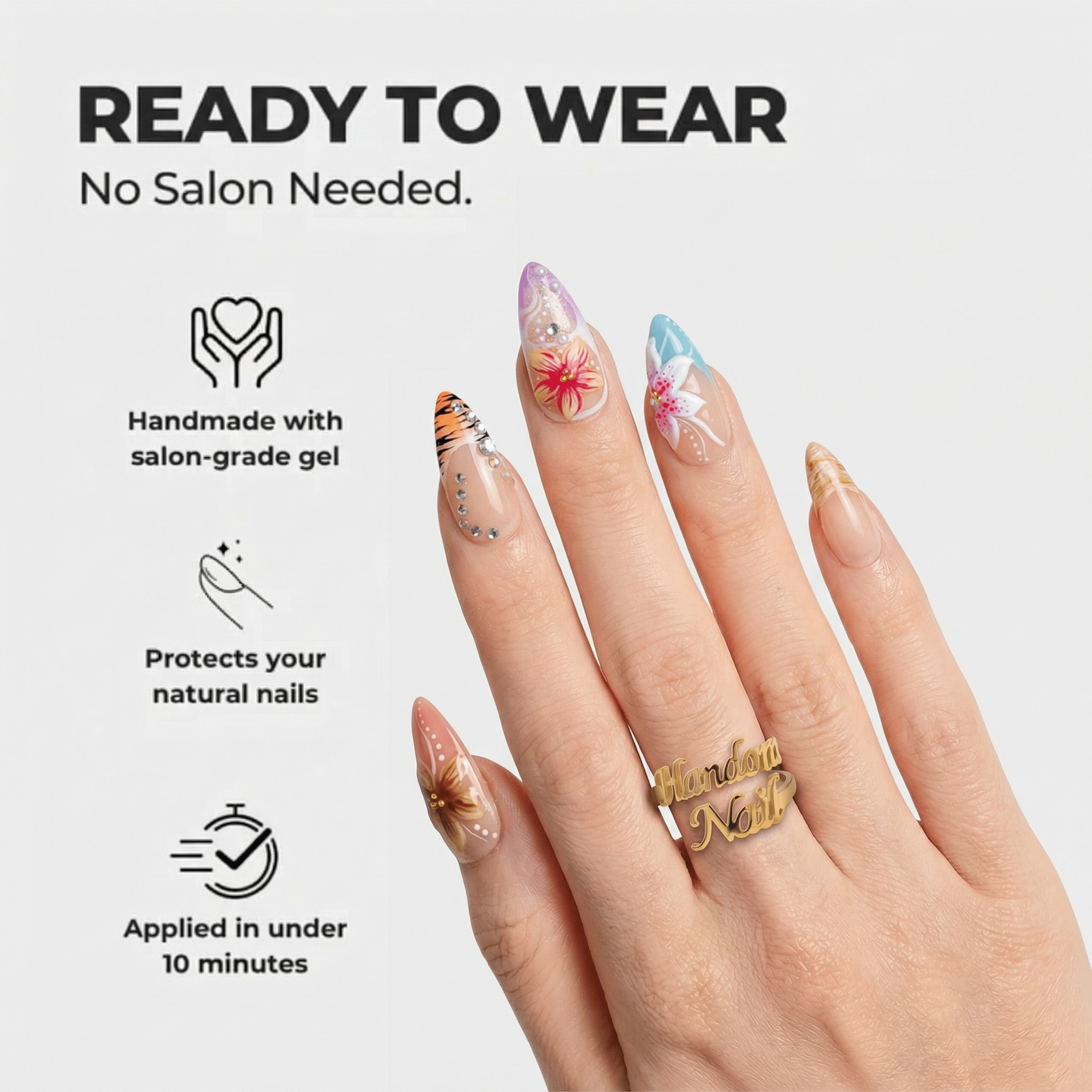 Tropical Bloom almond press-on nails – design close-up by Handora