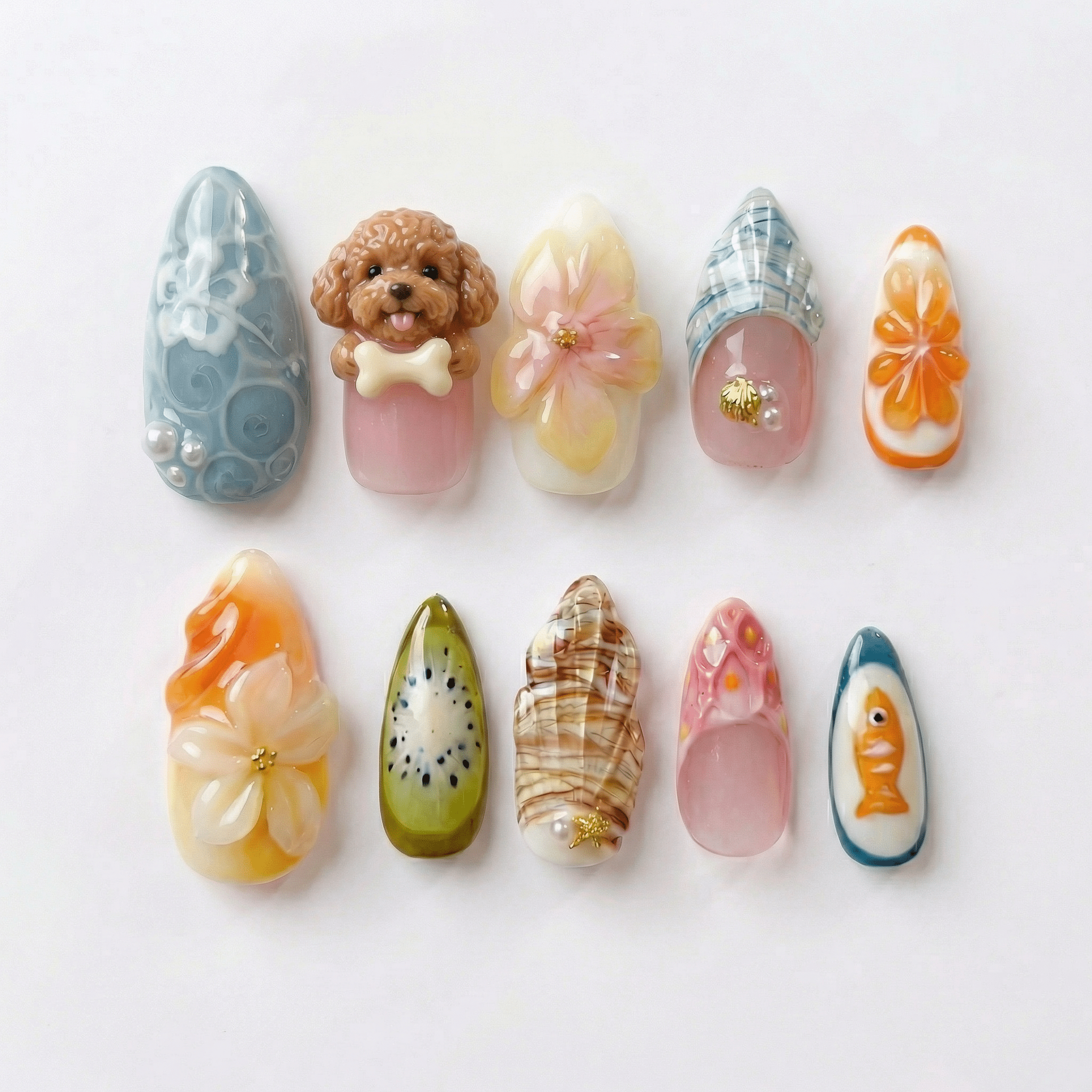 Tropical Dog press-on nails worn on hand – almond shape by Handora