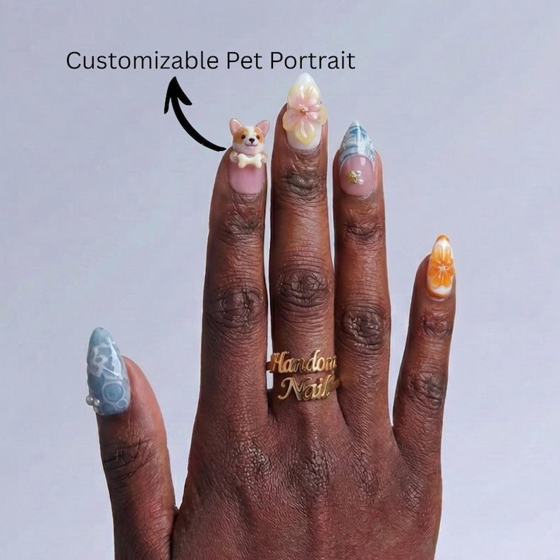 Tropical Dog press-on nails – hand-painted reusable gel set by Handora