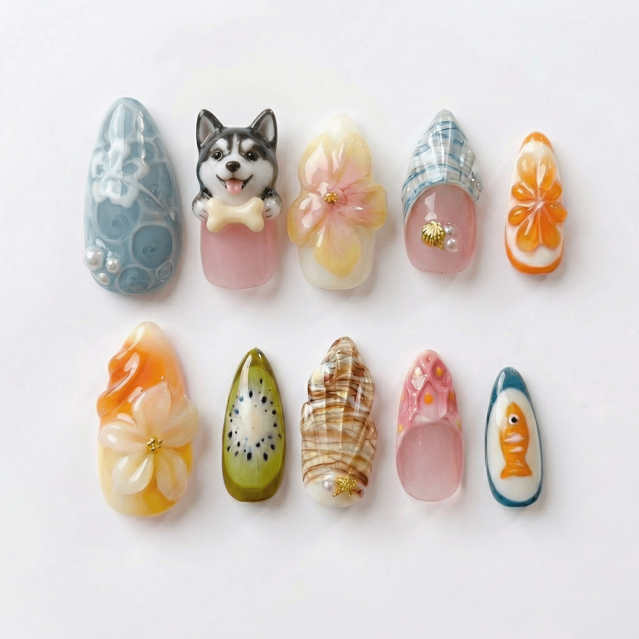 Tropical Dog press-on nails – design close-up by Handora
