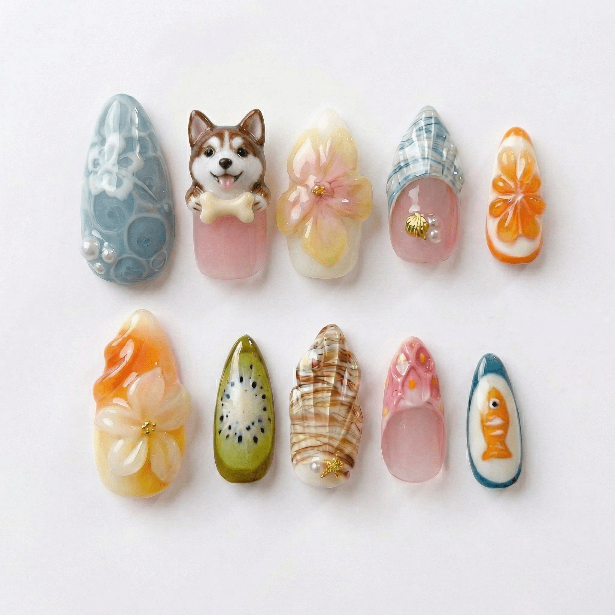 Tropical Dog press-on nails – hand-painted reusable gel set by Handora