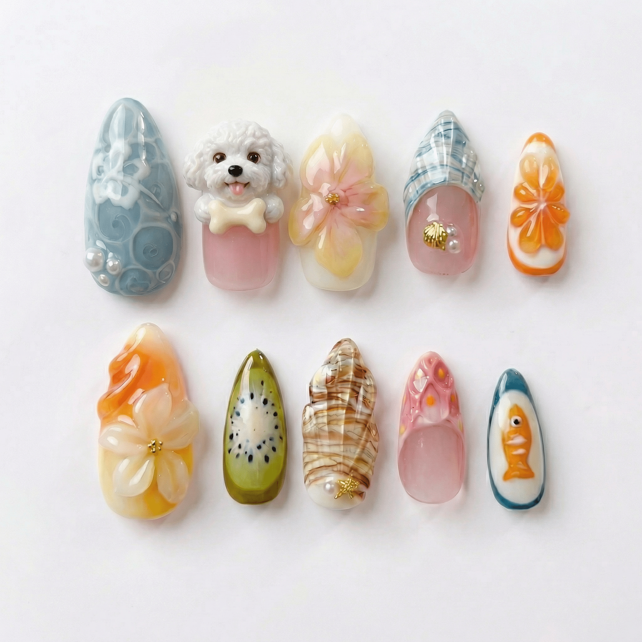 Tropical Dog press-on nails – design close-up by Handora
