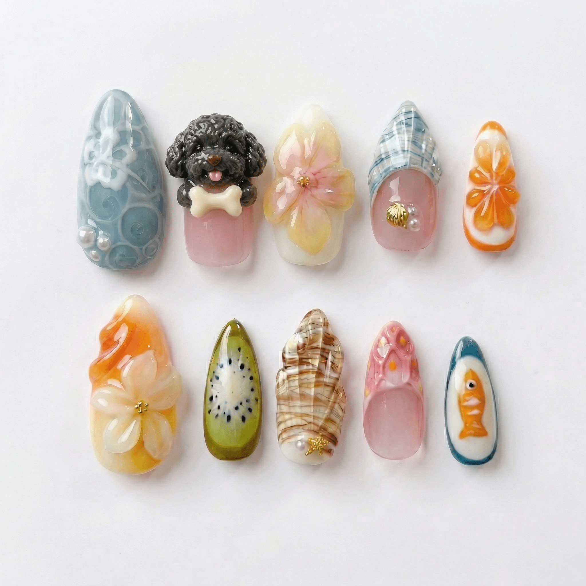 Tropical Dog 3d nail design – handmade press-on nails by Handora