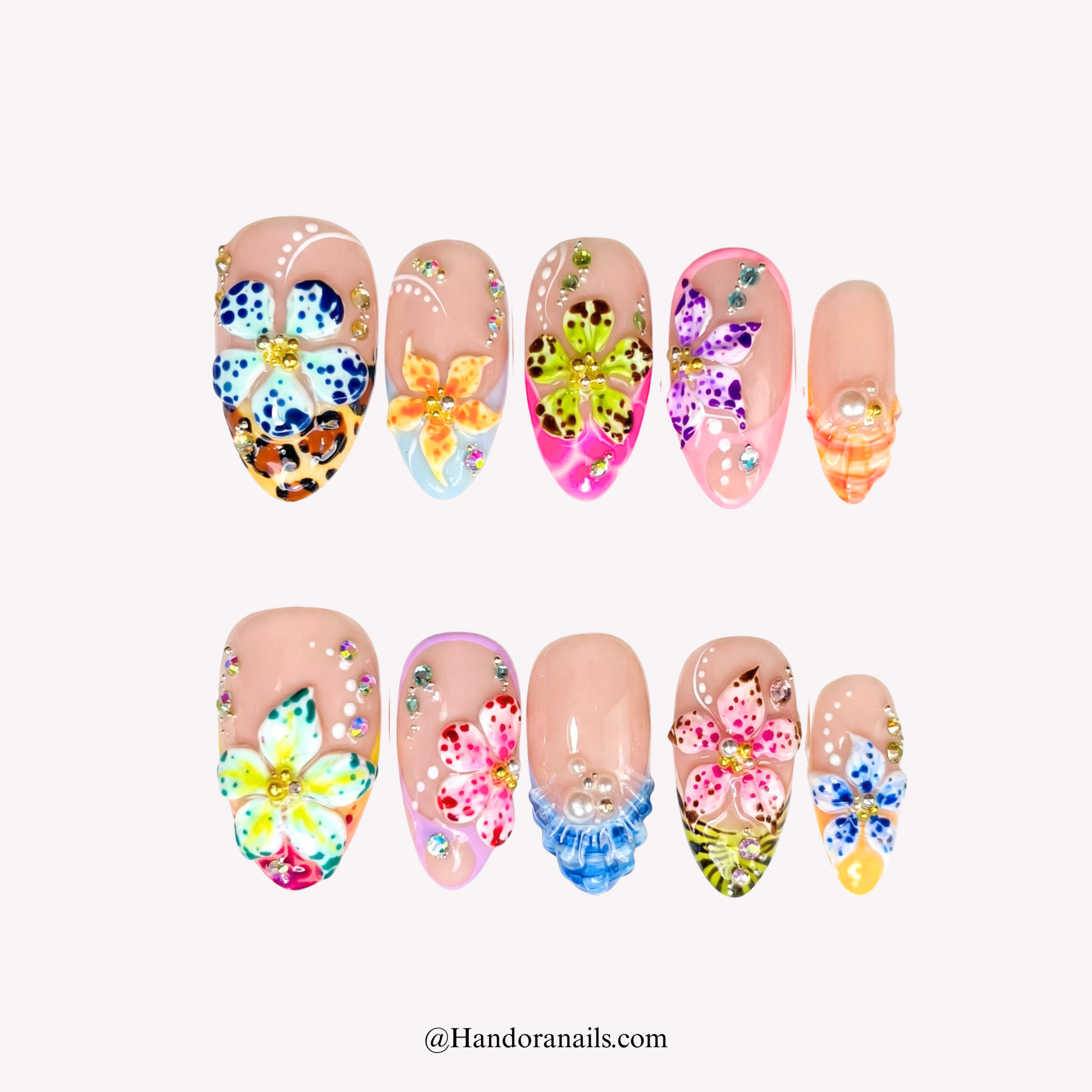 Tropical Floral almond floral press-on nails by Handora