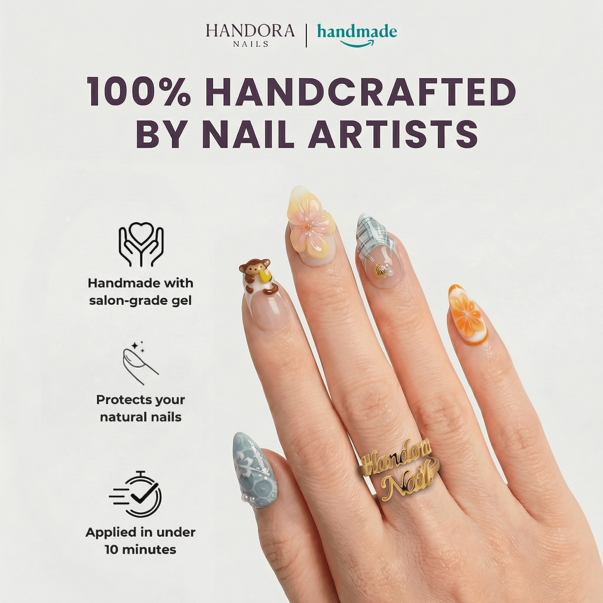 Tropical Monkey press-on nails – design close-up by Handora