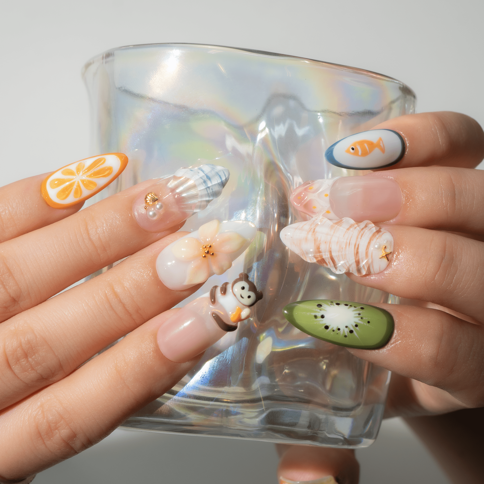 Tropical Monkey kawaii nail design – handmade press-on nails by Handora