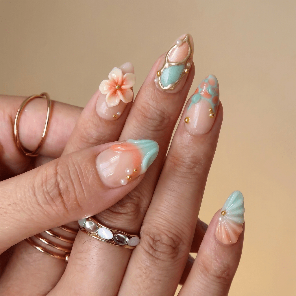 Tropical Seashell press-on nails – hand-painted reusable gel set by Handora