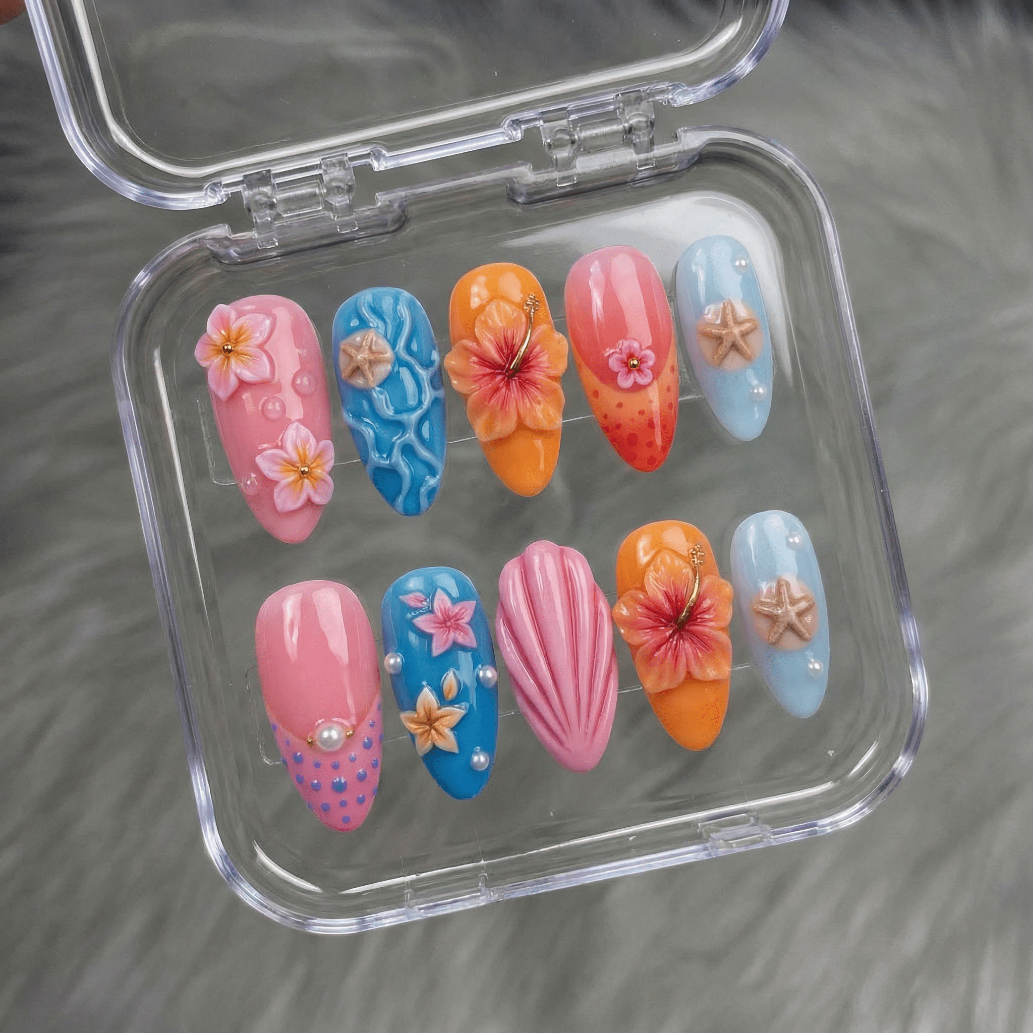 Tropical Shell 3d nail design – handmade press-on nails by Handora