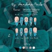 Turquoise Galaxy almond press-on nails – design close-up by Handora