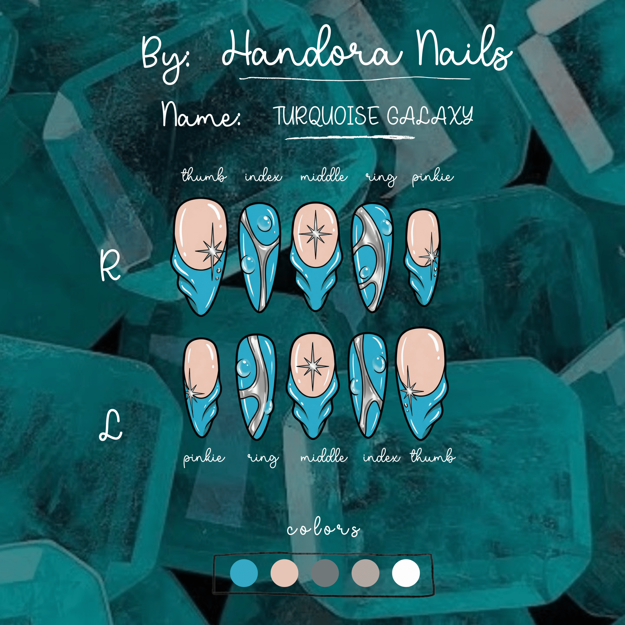 Turquoise Galaxy almond press-on nails – design close-up by Handora