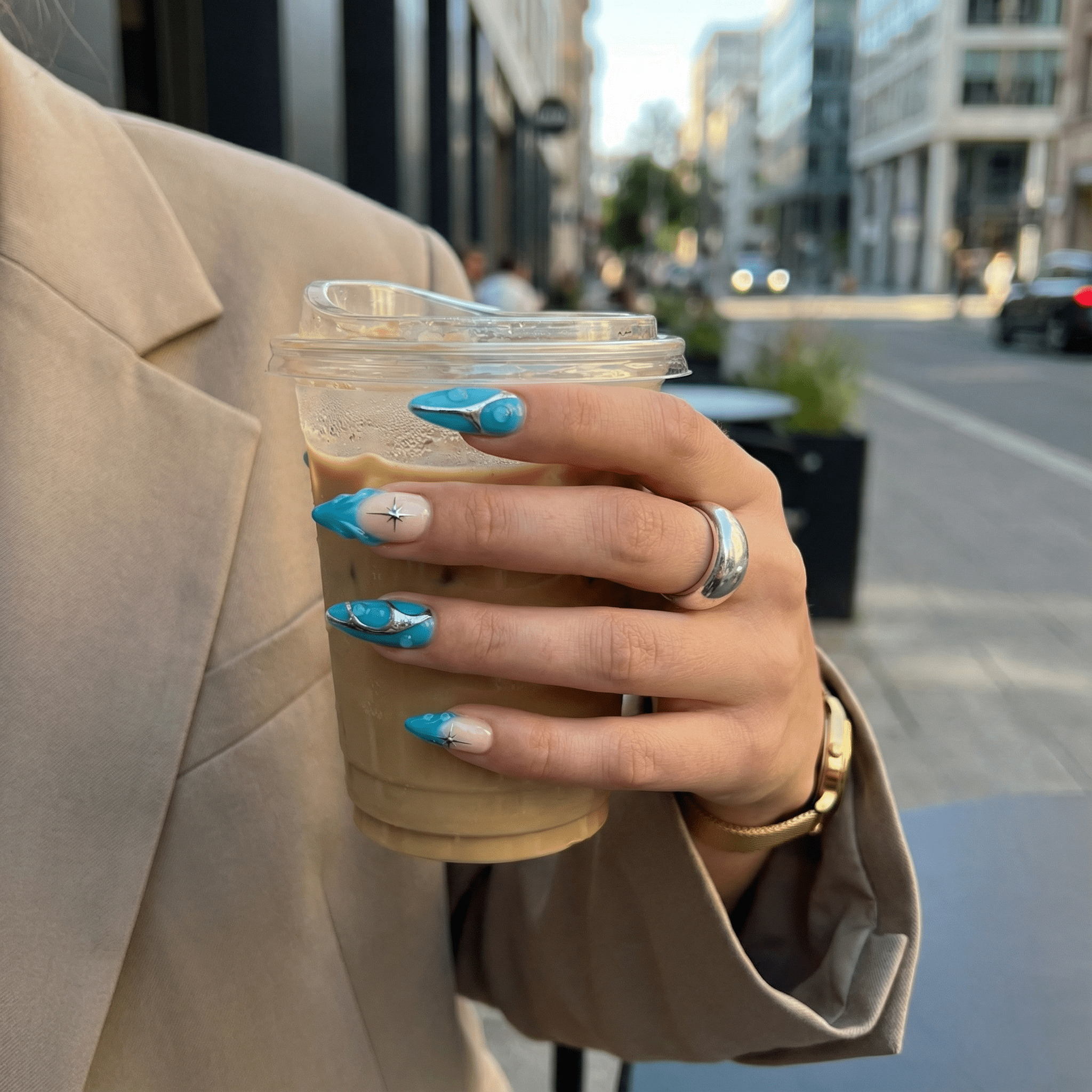 Turquoise Galaxy press-on nails – hand-painted reusable gel set by Handora
