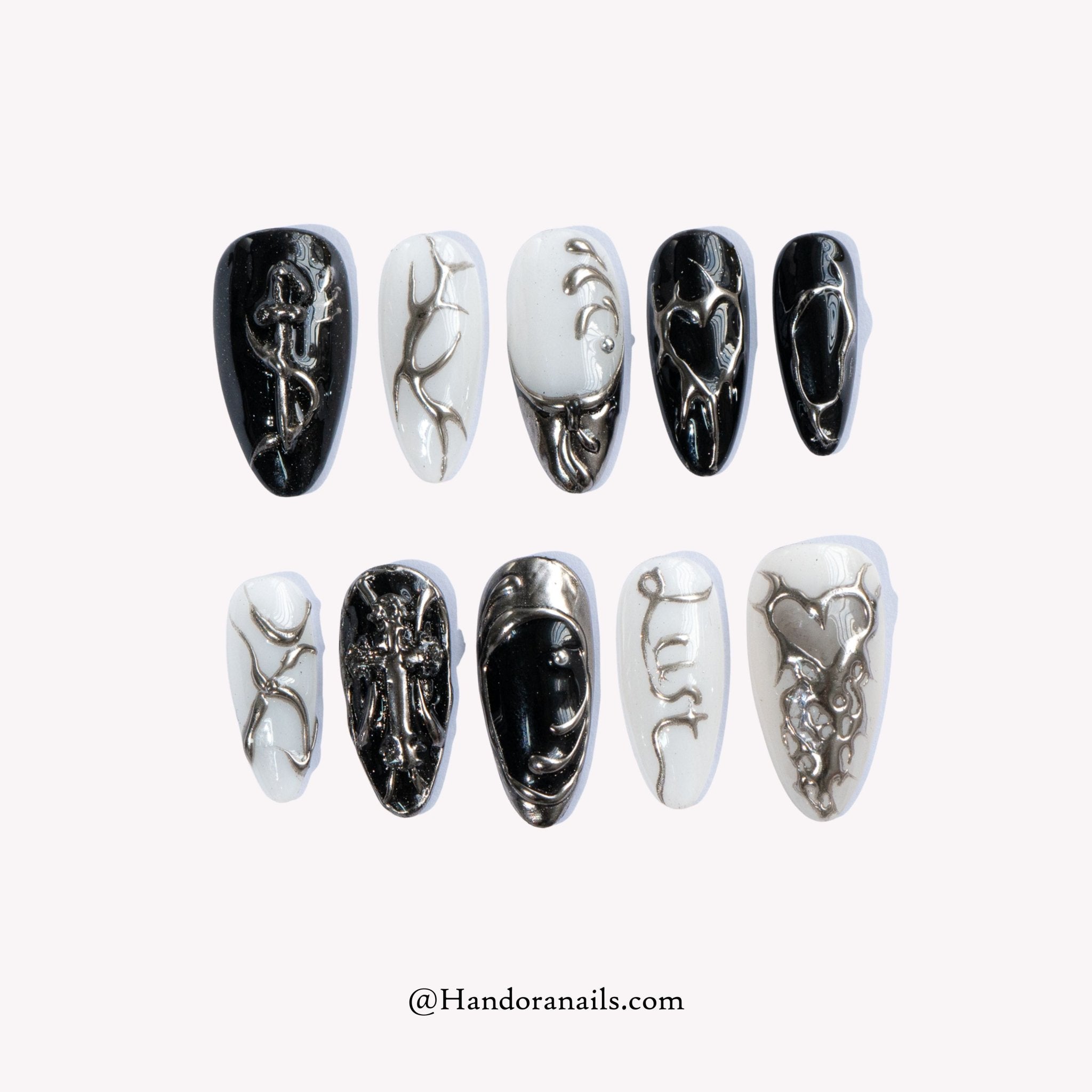 Vampire Chrome almond gothic press-on nails by Handora