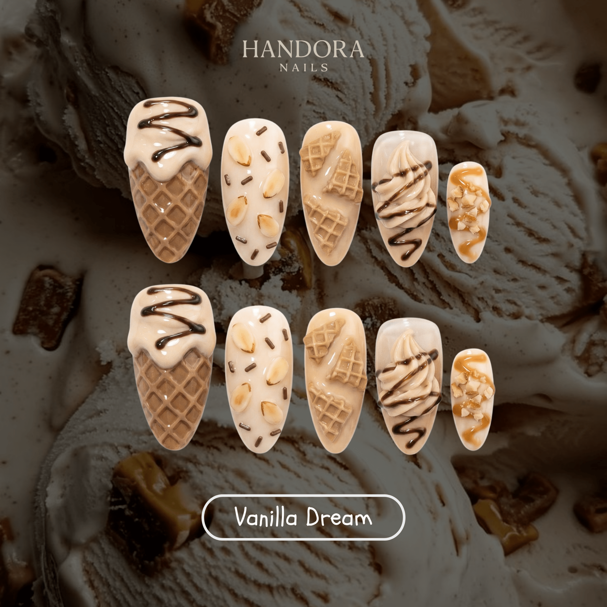 Vanilla Dream press-on nails – hand-painted reusable gel set by Handora