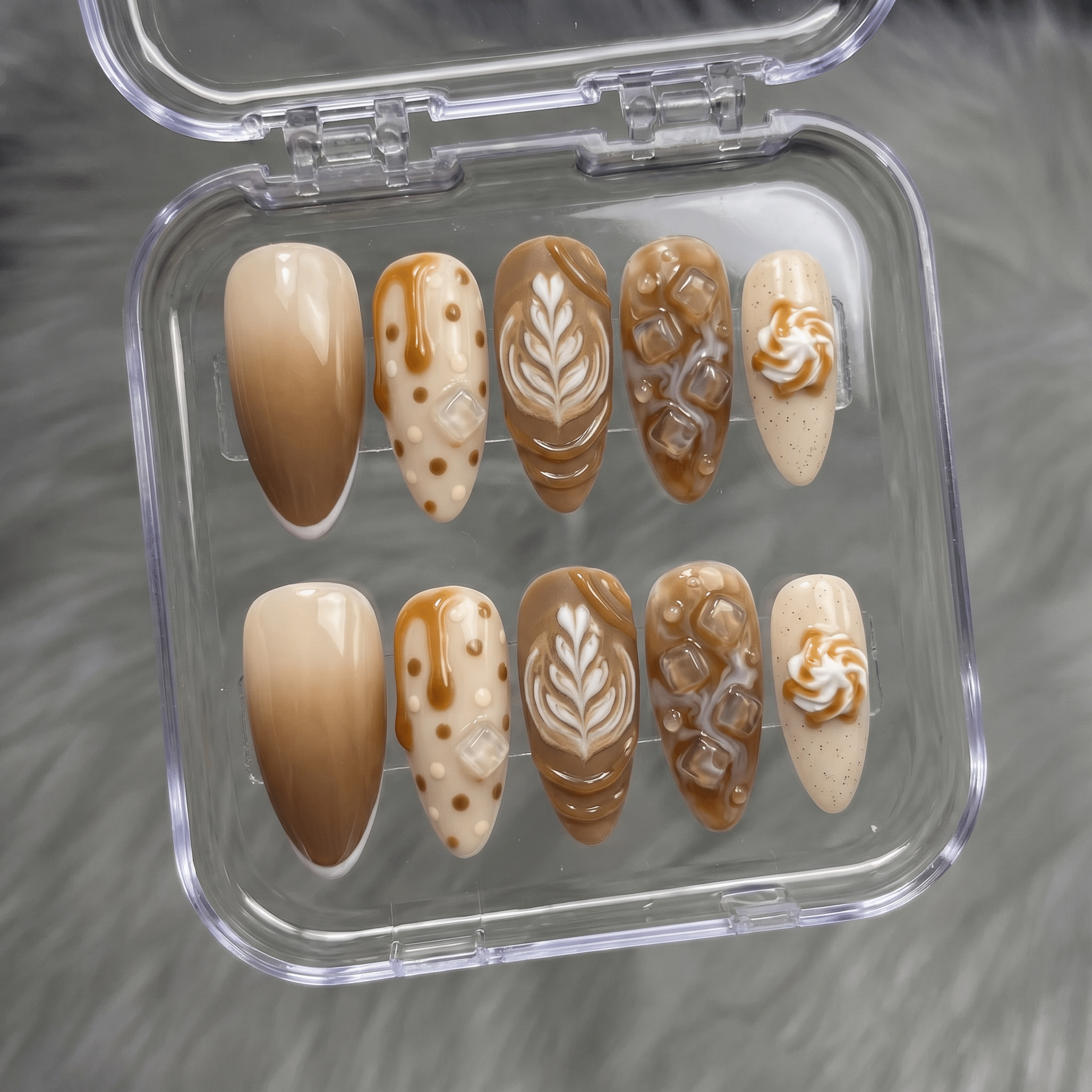 Vanilla Latte press-on nails – hand-painted reusable gel set by Handora
