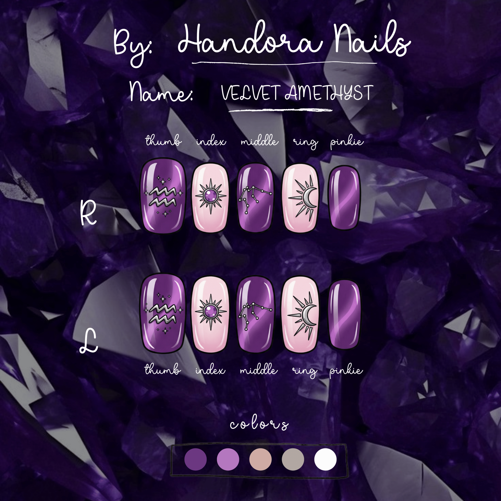 Velvet Amethyst press-on nails – design close-up by Handora