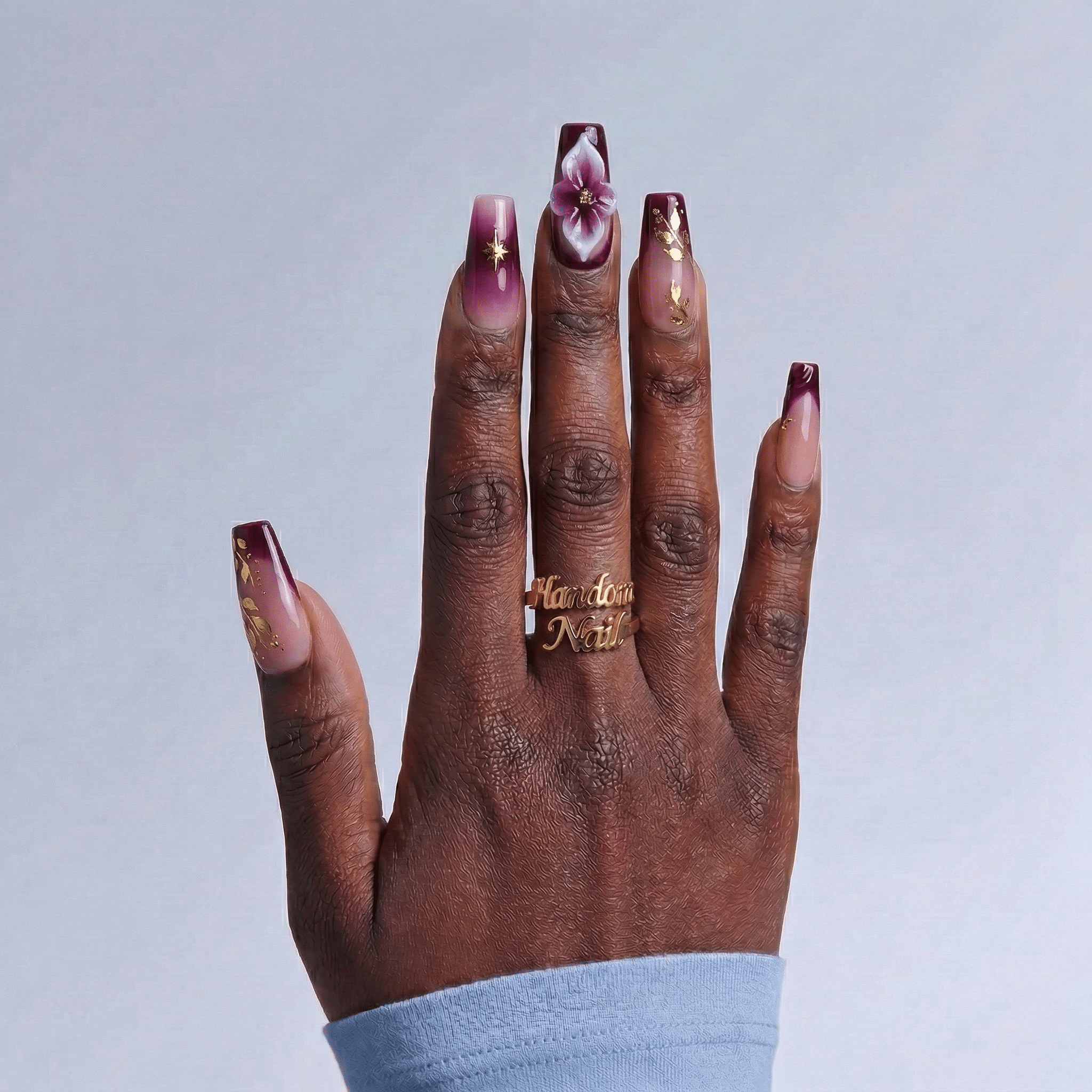 Velvet Aura floral nail design – handmade press-on nails by Handora