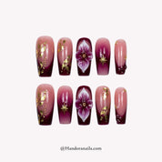 Velvet Aura coffin floral press-on nails by Handora
