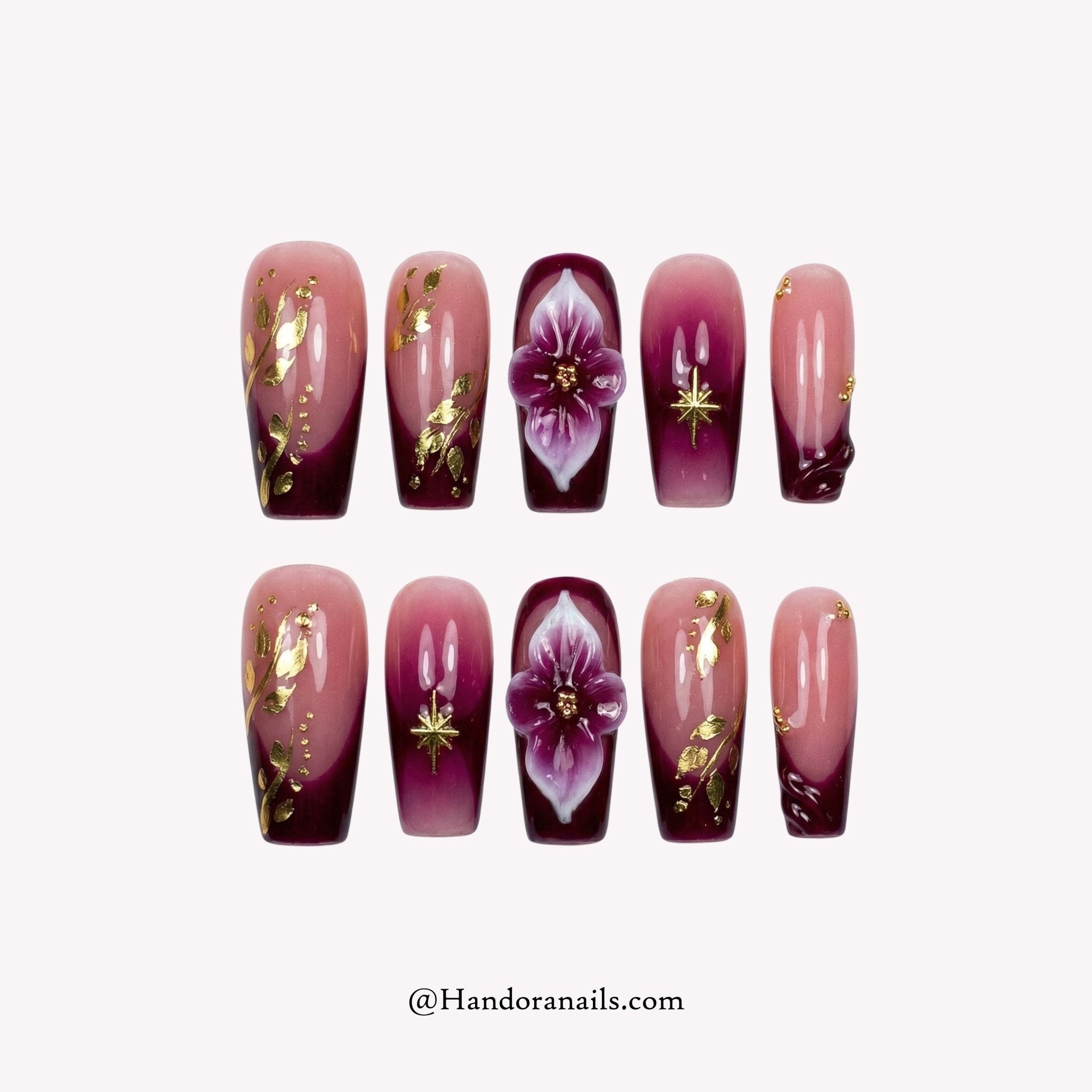 Velvet Aura coffin floral press-on nails by Handora