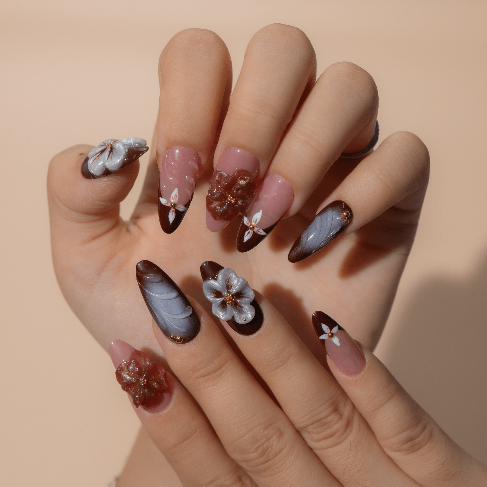 Velvet Bloom floral nail design – handmade press-on nails by Handora