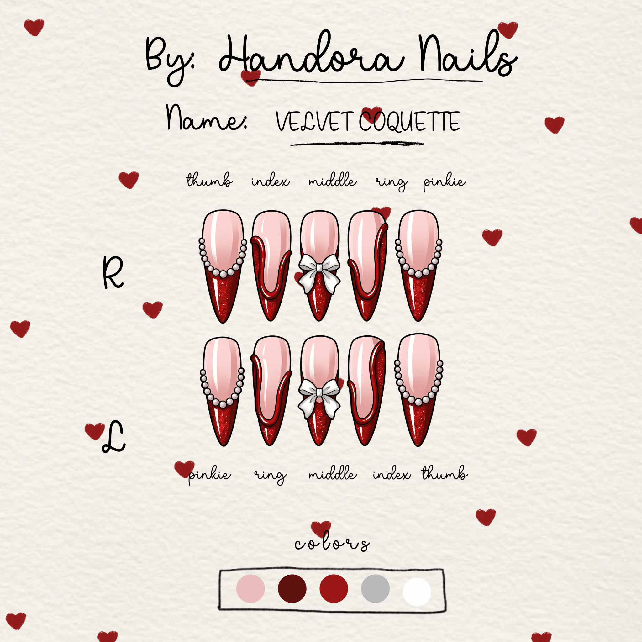 Velvet Coquette press-on nails – design close-up by Handora